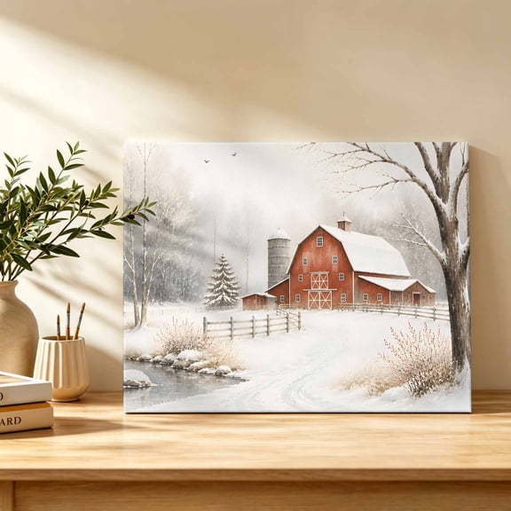 Winter Barn Canvas Wall Art, Country Barn Gray Pine Tree Snow Snow Land Farmhouse Wall Art Prints Artwork Framed Canvas Ready to Hang Art Pictures for Bathroom, Dressing Table, Entryway 12" x 8"