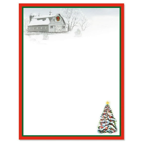 Winter Barn Christmas Stationery For Holiday Letters, Hand-Written Notes, 25 Sheets, 8 x 11 Inches, Printer Compatible, 70# Text Opaque Paper
