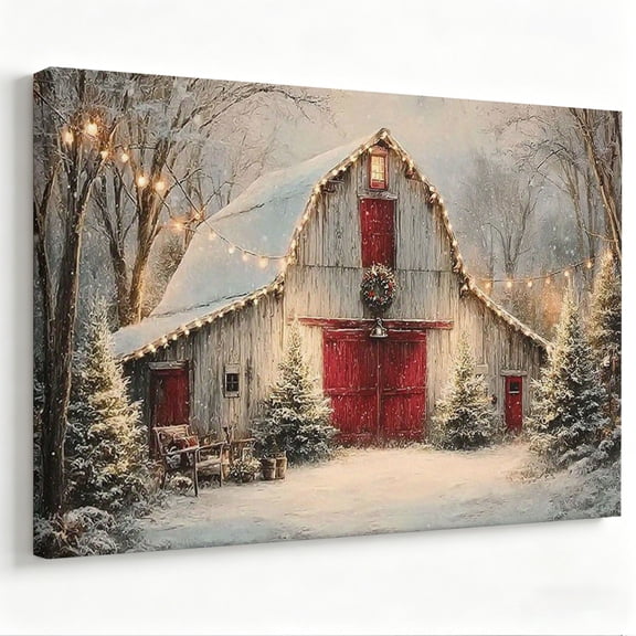Winter Barn Christmas Tree Wall Art Rustic Canvas Wall Decor Living Room Bedroom Painting Stretched Canvas Prints Holiday Artwork Ready to Hang 12*16