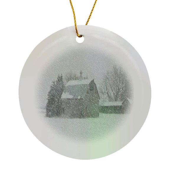 3drose, Winter Barn, Circle Porcelain Ornament
