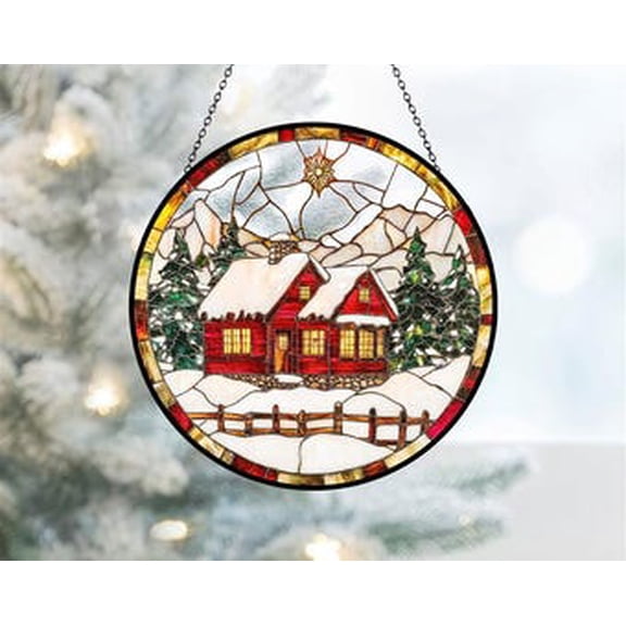 Winter Barn Glass Suncatcher, Snowy Cottage Window Decor, 3.5 in