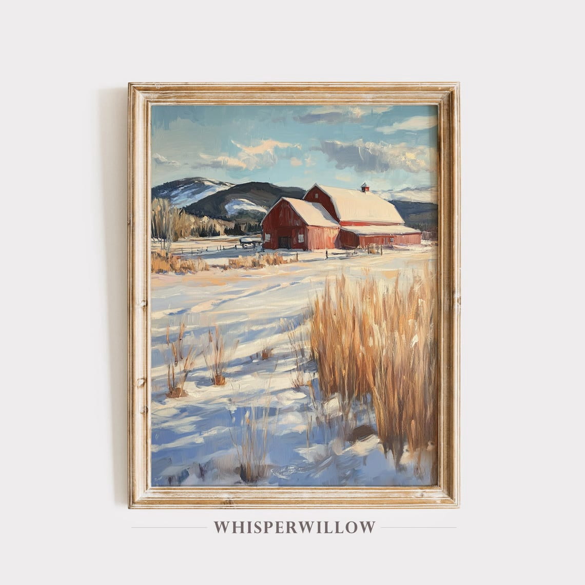 Winter Barn Mountain Landscape, Country Red Farmhouse Art, Rustic ...