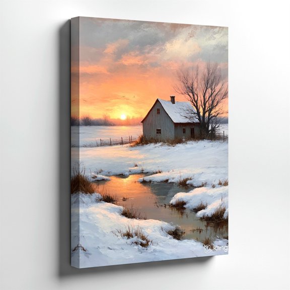 Winter Barn Sunset Wall Art Print, Farmhouse Decor