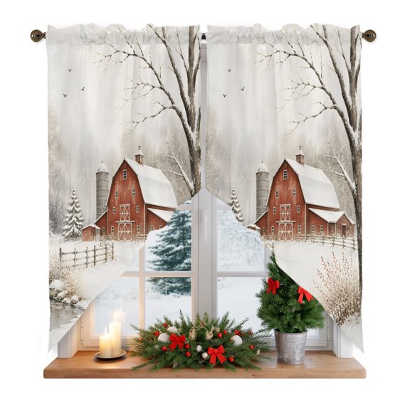 Winter Barn Swag Curtain Valances for Kitchen, Country Barn Gray Pine Tree Snow Snow Land Farmhouse Rod Pocket Curtains Window Treatment Swag Valance for Bedroom Bathroom, 2 Panels 36 x 63 Inch