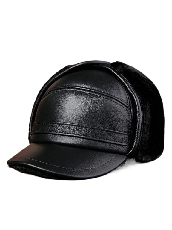 Winter Baseball Caps For Men Brown Warm Bomber Hat With Earflaps Fur Genuine Cow Leather Caps ,Soft Touch