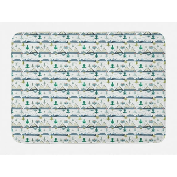 Winter Bath Mat, Cartoonish Snowy Landscape of Abstract Trees and Mountains with Birds Image, Plush Bathroom Decor Mat with Non Slip Backing, 29.5" X 17.5", Multicolor, by Ambesonne