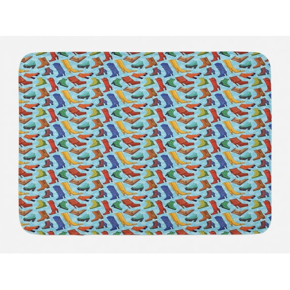 Winter Bath Mat, Colored Women's Boots Shoes on a Blue Background with Snowflakes Seasonal Theme, Plush Bathroom Decor Mat with Non Slip Backing, 29.5" X 17.5", Multicolor, by Ambesonne