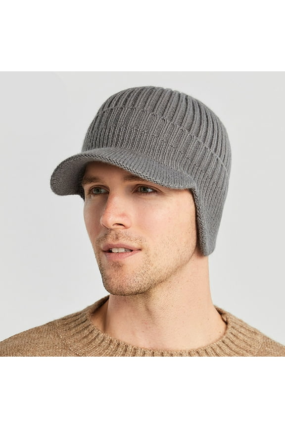 Winter Beanie with Brim and Ear Flaps, Outdoor Warm Fleece Lined Knit Hat, Stocking Caps, Thick Wool Hat, Winter Outdoor Warm Ear Protection Knitted Hat, for Men Women