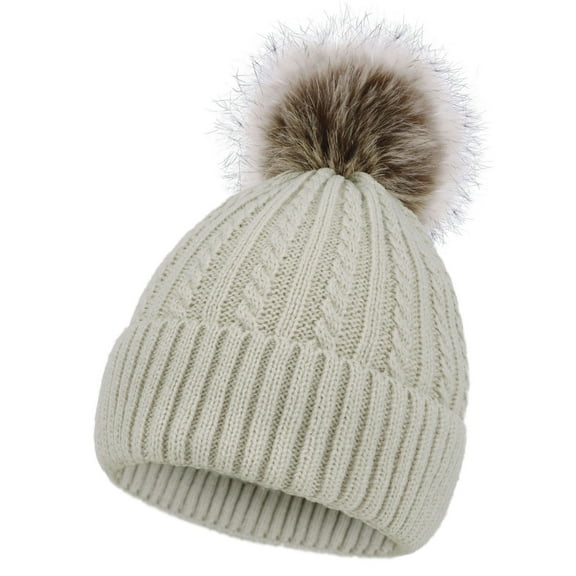 Winter Beanie Fleece Line Knit Beanie with Detachable Pompom Winter Beanie Hat For women, Beige Beanie