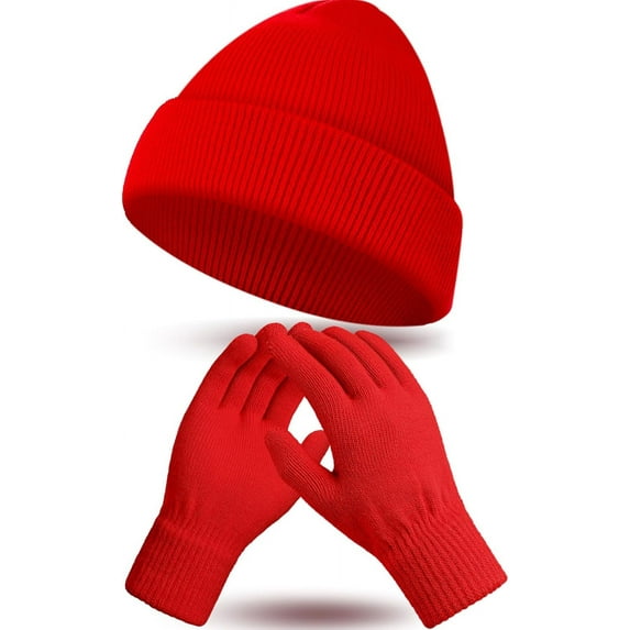 Winter Beanie Hat Gloves Set, Soft Knitted Hat Stretchy Gloves Warm Skull Cap Set for Women Men Gifts