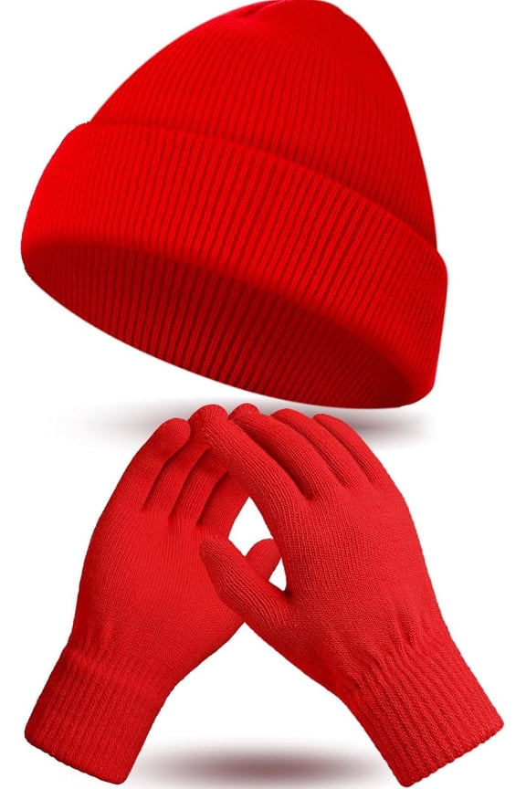 Winter Beanie Hat Gloves Set, Soft Knitted Hat Stretchy Gloves Warm Skull Cap Set for Women Men Gifts