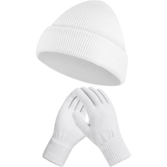 Winter Beanie Hat Gloves Set, Soft Knitted Hat Stretchy Gloves Warm Skull Cap Set for Women Men Gifts