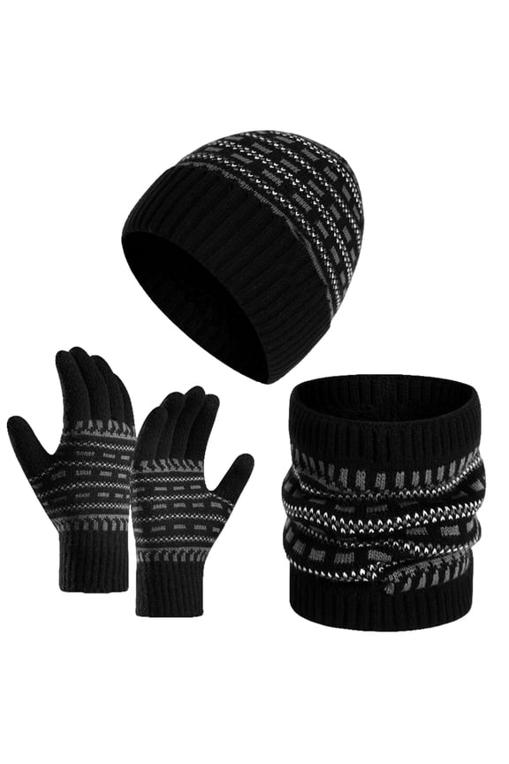 Winter Beanie Hat Scarf Glove Set Fleece Lined Knit Cap Neck Warmer for Men Women Black