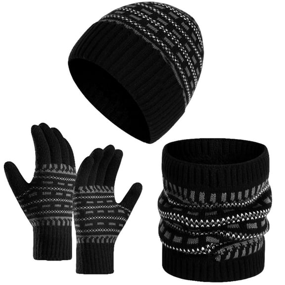 Winter Beanie Hat Scarf Glove Set Fleece Lined Knit Cap Neck Warmer for Men Women Black