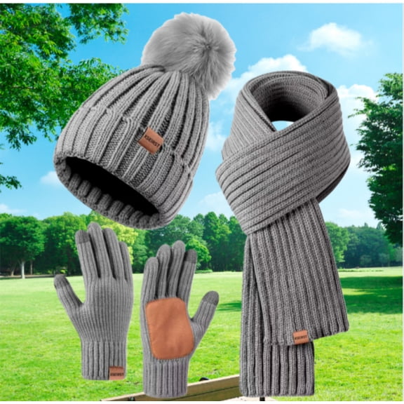 Winter Beanie Hat Scarf Gloves Set For Women,Fleece Beanie With Pom Pom Long Scarf Neck Warmer Touchscreen Gloves 3 In 1 Set Winter Gift
