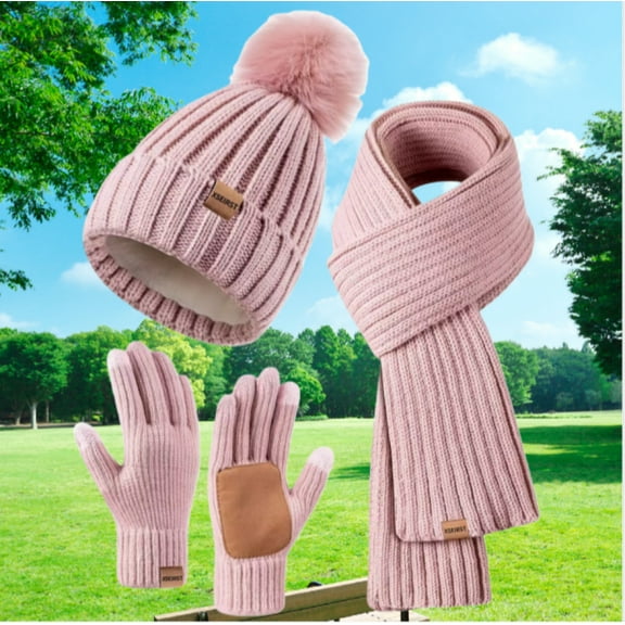 Winter Beanie Hat Scarf Gloves Set For Women,Fleece Beanie With Pom Pom Long Scarf Neck Warmer Touchscreen Gloves 3 In 1 Set Winter Gift