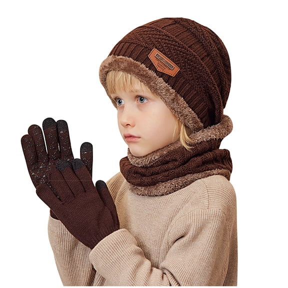 Winter Beanie Hat Scarf Gloves Set Kids Unisex Knit Skull Cap Fleece Lining Neck Warmer Touchscreen Mittens
