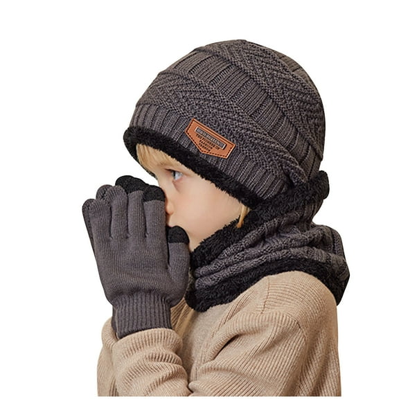 Winter Beanie Hat Scarf Gloves Set Kids Unisex Knit Skull Cap Fleece Lining Neck Warmer Touchscreen Mittens