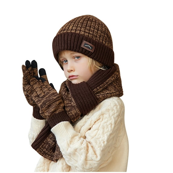 Winter Beanie Hat Scarf Gloves Set Kids Unisex Knit Skull Cap Scarf Touchscreen Mittens Clod Weather Matching Set