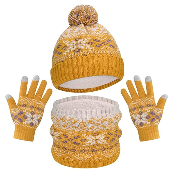 Winter Beanie Hat Scarf Gloves Set Women Cold Weather 3 Piece Neck Warmer Touchscreen Gloves Warm Knit Beanie Winter Scarf Yellow One Size