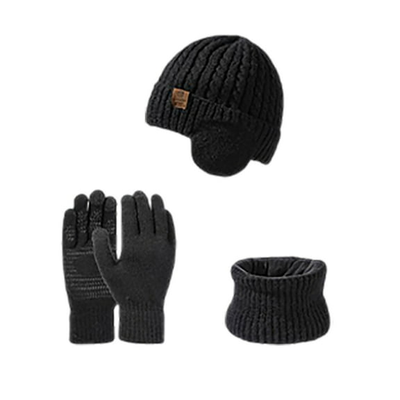 Winter Beanie Hat Scarf Gloves Set Women Warm Knit Beanie 3 Piece Touchscreen Gloves Pom Pom Long Scarf Cold Weather Scarf for Women Black One Size