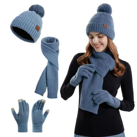 Winter Beanie Hat Scarf Gloves Set for Women, Womens Beanie with Pom Pom Long Scarf Neck Warmer Touchscreen Gloves 3 in 1 Set, Winter Warmer Set Birthday Christmas New Year Gift for Women