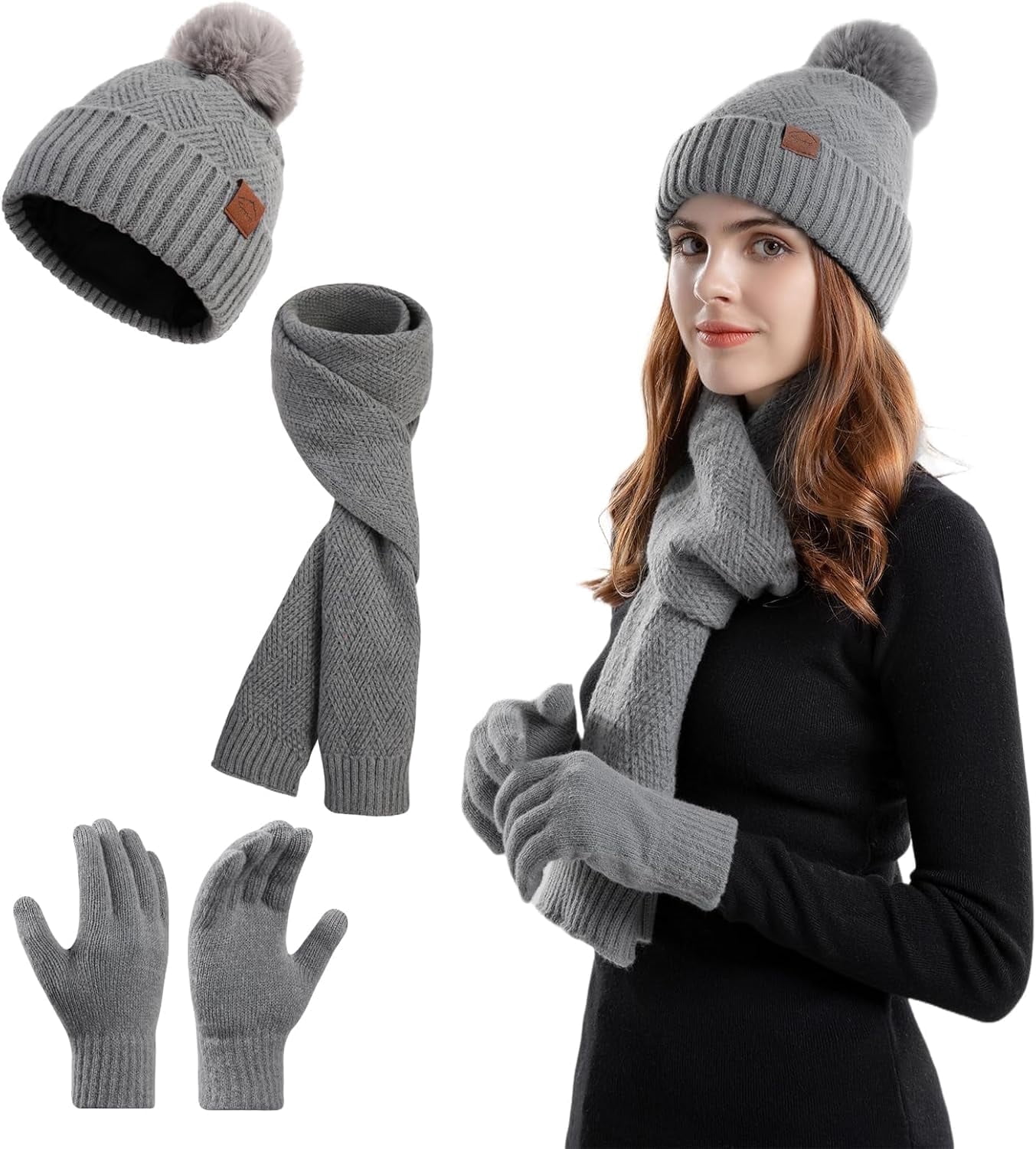 Winter Beanie Hat Scarf Gloves Set for Women, Womens Beanie 