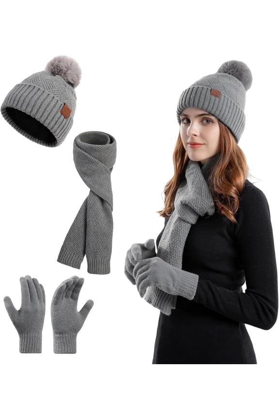 Winter Beanie Hat Scarf Gloves Set for Women, Womens Beanie with Pom Pom Long Scarf Neck Warmer Touchscreen Gloves 3 in 1 Set, Winter Warmer Set Birthday Christmas New Year Gift for Women