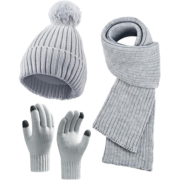 Winter Beanie Hat Scarf Gloves Set for Women, Fleece Knit Pompom Beanie Neck Warmer Long Scarf Touchscreen Gloves 3 in 1 Set