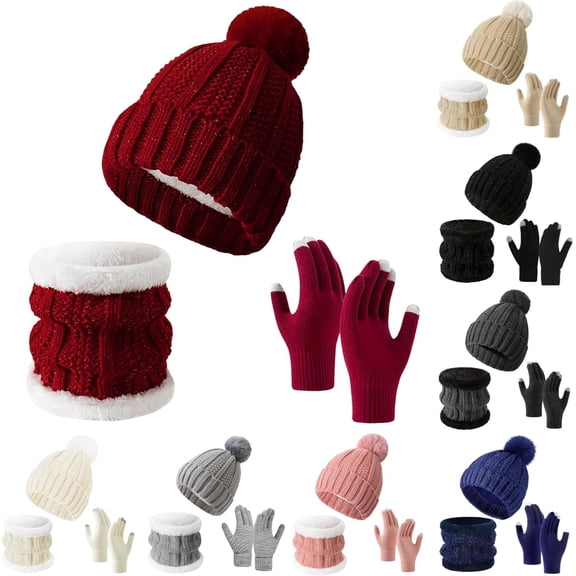 Winter Beanie Hat Scarf Gloves, Warm Fleece Knit Hat Long Scarf Neck Warmer Touch Screen Winter Gloves Set Gifts for Women