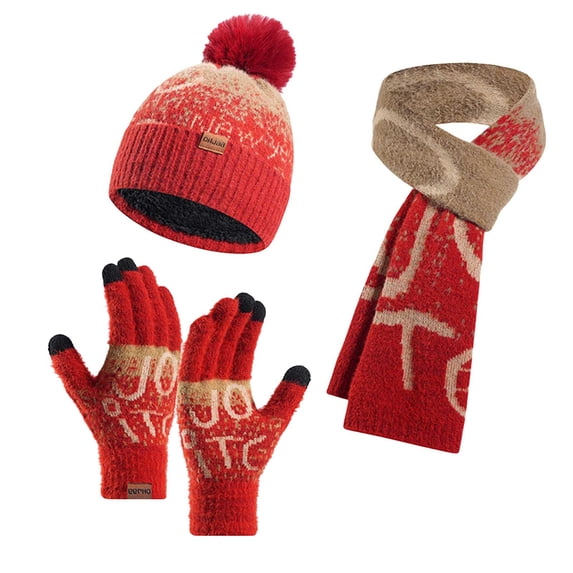 Winter Beanie Hat Scarf Gloves, Warm Fleece Knit Hat Long Scarf Neck Warmer Touch Screen Winter Gloves Set Gifts for Women