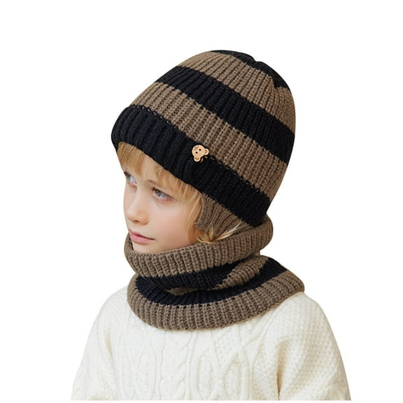 Winter Beanie Hat Scarf Set Kids Unisex Striped Knit Skull Cap Fleece Lining Neck Warmer Clod Weather Matching Set