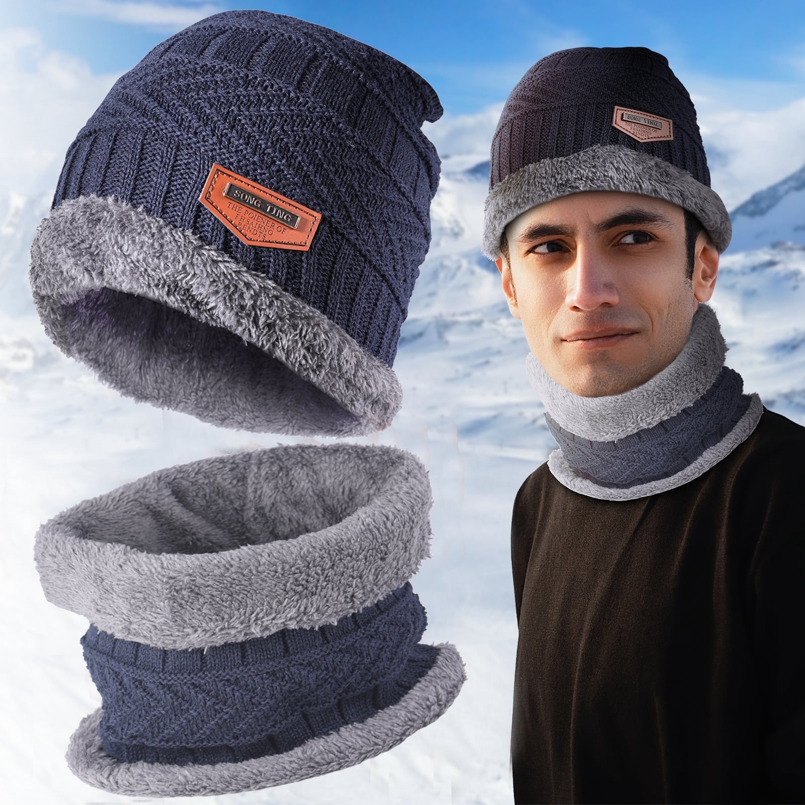 Winter Beanie Hat Circle Scarf Set Fleece Lined Chunky Knit Ear Flaps Winter Knit Hat with Fleece Lining and Ear Flaps 3-in-1  main image 4