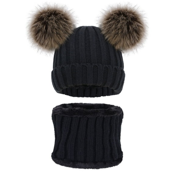 Winter Beanie Hat Scarf Set for Boys Girls Kids Knitted Fleece Lined Beanie, Black