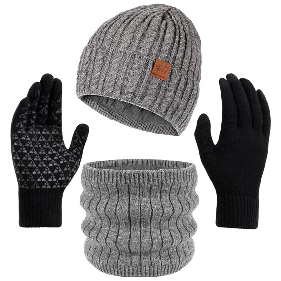 Winter Beanie Hat Scarf Touchscreen Gloves Set for Men and Women, Knit Beanie Gloves Neck Warmer Set with Warm Fleece Lined, 3 in 1 Cold Weather Thermal Set