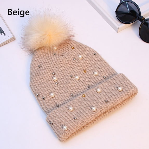 Winter Beanie Hat Soft Female Caps Women's Beanie Skullies Pearl Knitted Hat Fur Pompom BEIGE