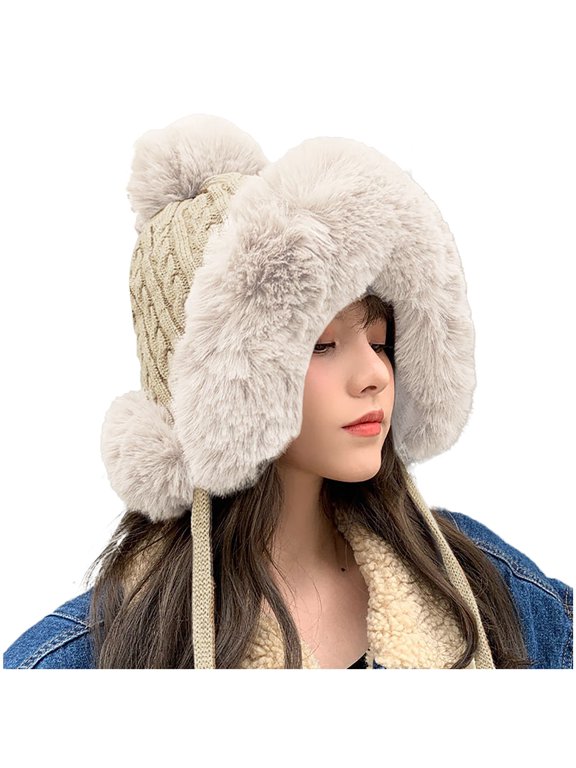 Winter Beanie Hat for Women Warm Skull Snow Cap Ear Cover Pom Knit Earflap Hats Fleece Lined Hooded Beanie Hats Snow Ski Skull Cap Warm Fleece Lined Winter Skull Cap White One Size