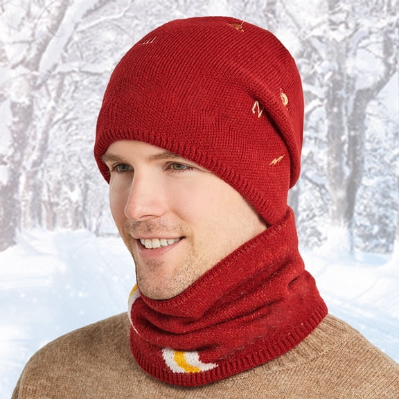 Winter Beanie Hat and Scarf Set for Men, Slouchy Warm Fleece Lined Knit Caps Neck Warmer
