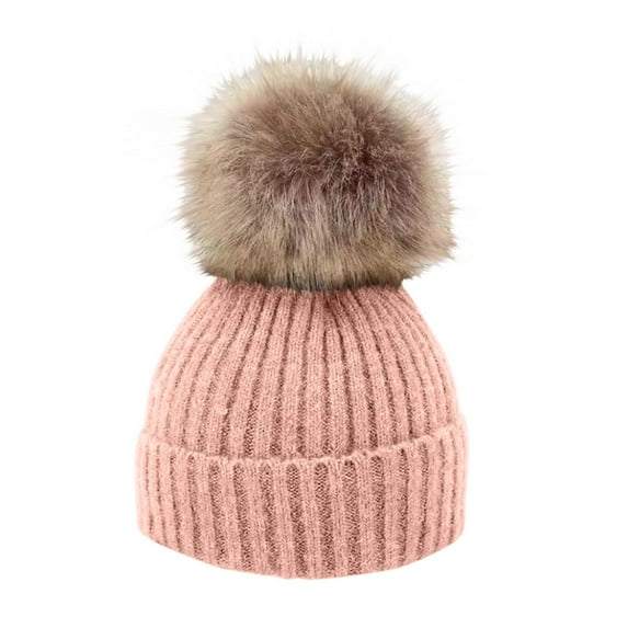 Winter Beanie Hat for Unisex Boys Girls Kids Knitted Fleece Lined Faux Fur Pom Pom Hats Warm Thick Knit Beanie Cap Aged 1-6 on Clearance under $10