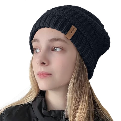 Winter Beanie Hat for Women, Chunky Cable Knit Warm Soft Stretch Skull Cap, Christmas's Day Gift for Her, Black