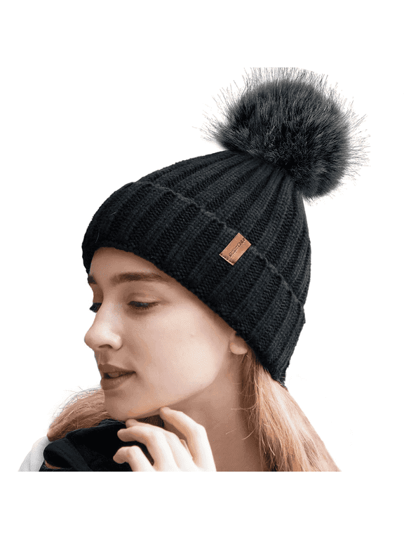 Winter Beanie Hat for Women with Pompom Warm Fleece Lined, Women Warm Chunky Soft Knit Skull Cap for Skiing, Christmas Gifts for Her, Black