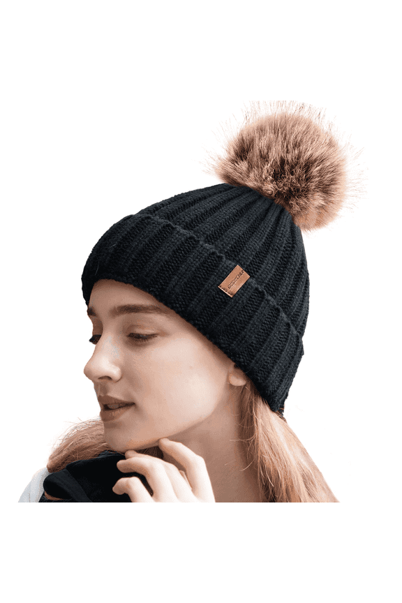 Winter Beanie Hat for Women with Pompom Warm Fleece Lined, Women Warm Chunky Soft Knit Skull Cap for Skiing, Christmas Gifts for Her, Brown