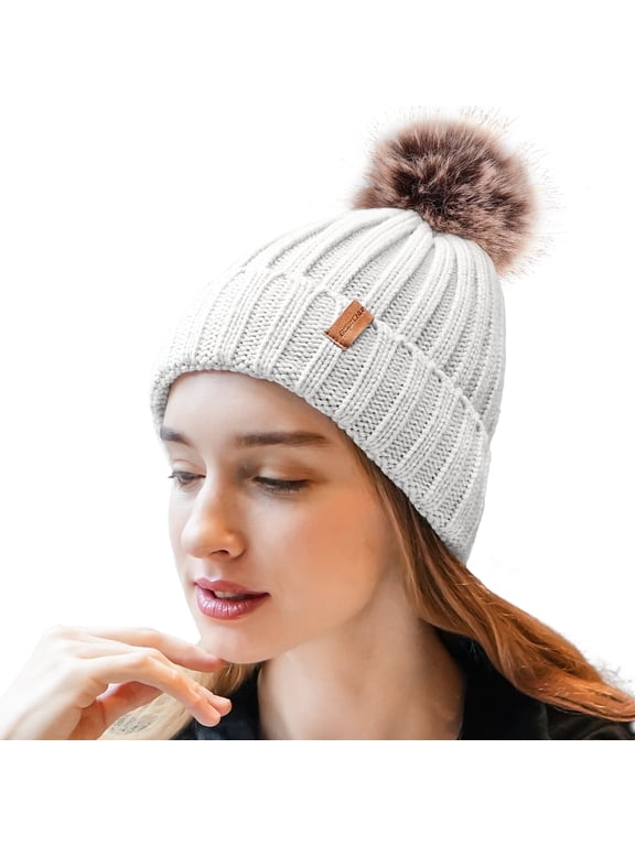 Winter Beanie Hat for Women with Pompom Warm Fleece Lined, Women Warm Chunky Soft Knit Skull Cap for Skiing, Christmas Gifts for Her, White
