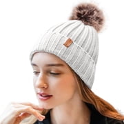 Winter Beanie Hat for Women with Pompom Warm Fleece Lined, Women Warm Chunky Soft Knit Skull Cap for Skiing, Christmas Gifts for Her, White