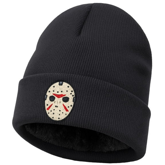 Winter Beanie Hat with Faux Fur Lining, Friday the 13th Style Mask Skullie, Warm Winter Cap, Black