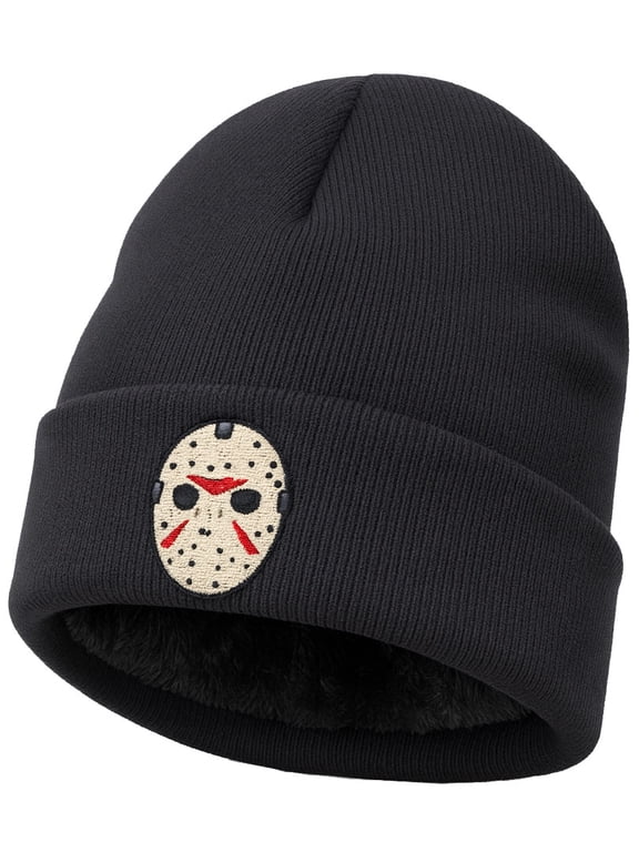 Winter Beanie Hat with Faux Fur Lining, Friday the 13th Style Mask Skullie, Warm Winter Cap, Black