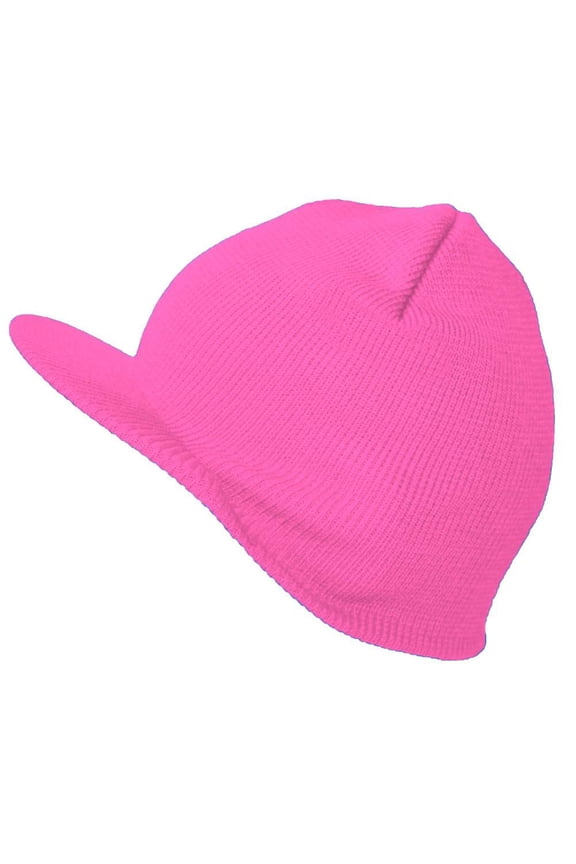 Winter Beanie Hat with Visor Brim Warm Knit Cuffless Beanie Cap, Hot Pink