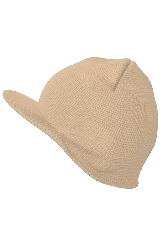 Winter Beanie Hat with Visor Brim Warm Knit Cuffless Beanie Cap, Khaki