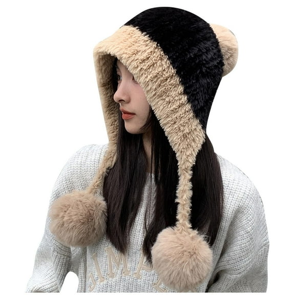 ZQUUVOU Winter Beanie Hats For Women Warm Knit Skull Cap Fur Hat With Pompom Russian Ushanka Trapper Hat Ear Cover Black