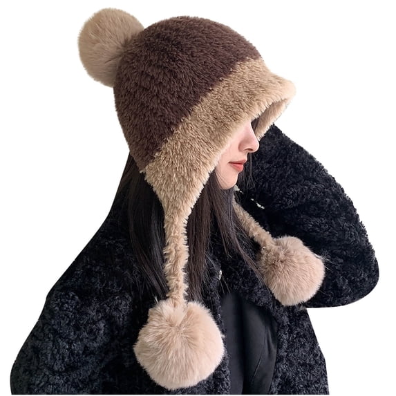 ZQUUVOU Winter Beanie Hats For Women Warm Knit Skull Cap Faux Fur Hat With Pompom Russian Ushanka Trapper Hat Ear Cover Coffee